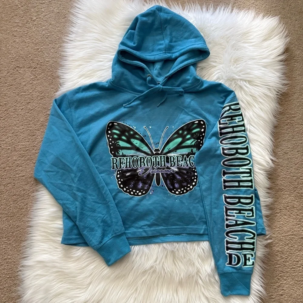 Y2K Bloom + Pop Teal Rehoboth Beach Hoodie with Butterfly Graphic - Picture 1 of 5